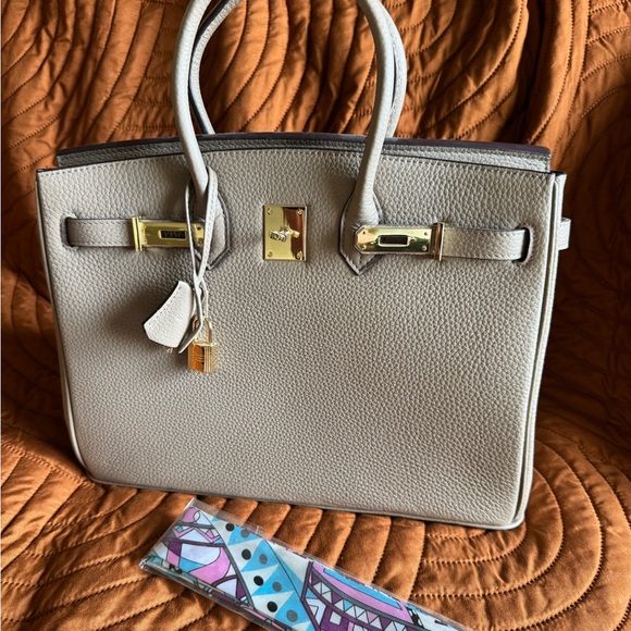 Tan Genuine Leather, Birkin-Inspired Tote with Gold Lock - Picture 8 of 12